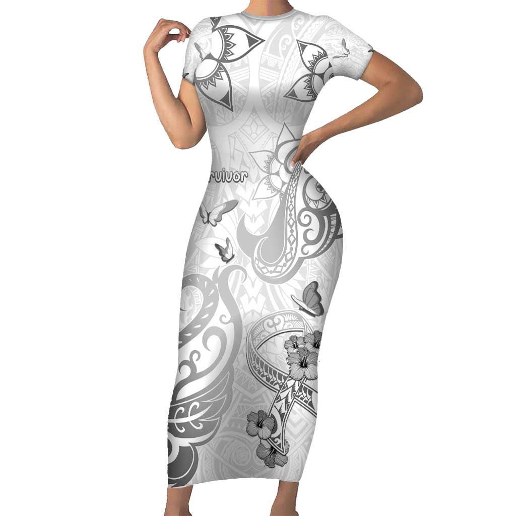 Personalised Brain Cancer Awareness Short Sleeve Bodycon Dress Ribbon Polynesian Pattern LT05 Long Dress White - Polynesian Pride