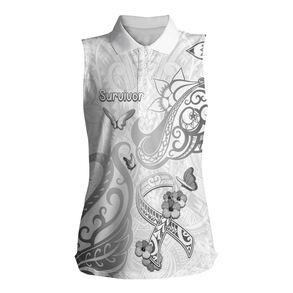 Personalised Brain Cancer Awareness Women Sleeveless Polo Shirt Ribbon Polynesian Pattern LT05 Female White - Polynesian Pride