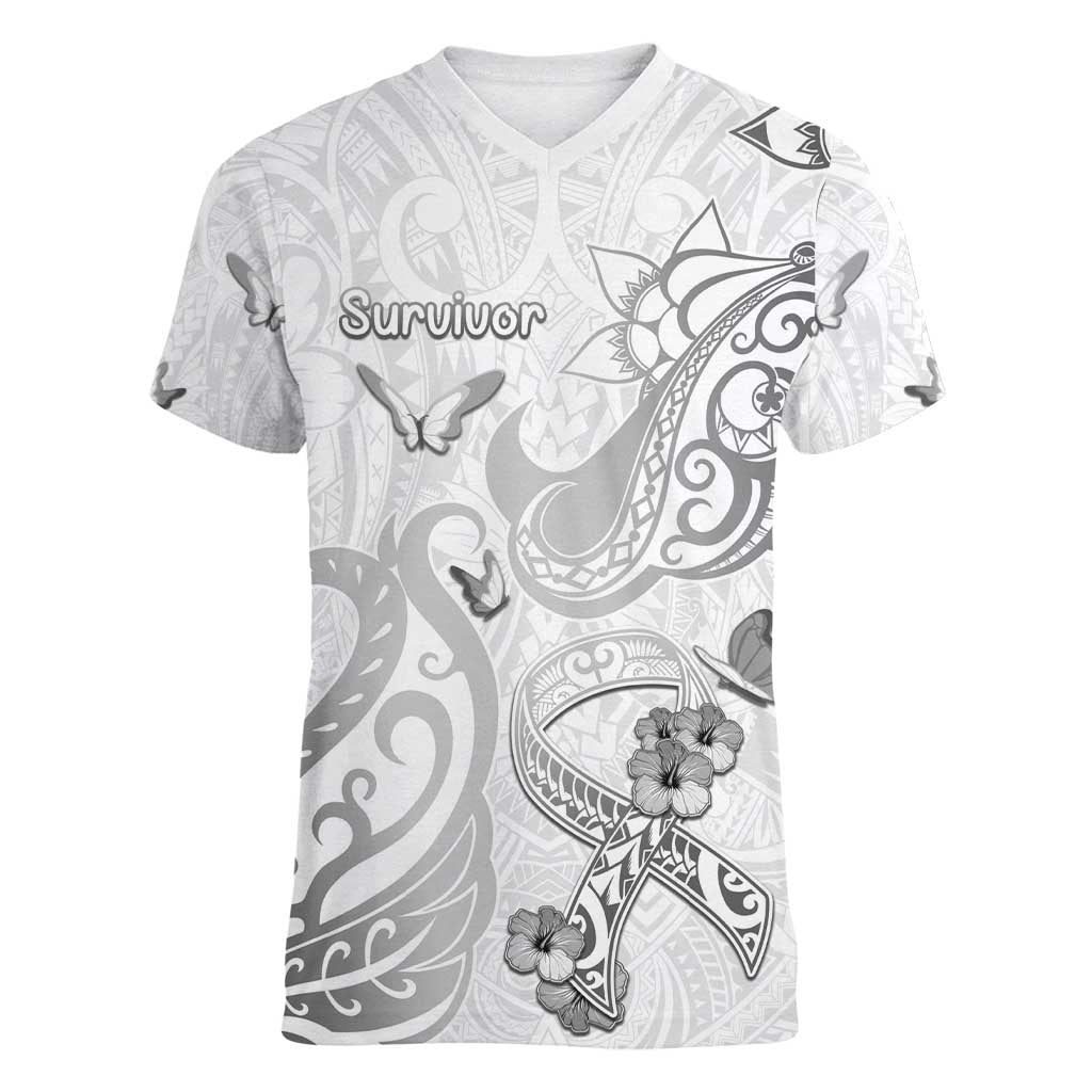 Personalised Brain Cancer Awareness Women V-Neck T-Shirt Ribbon Polynesian Pattern