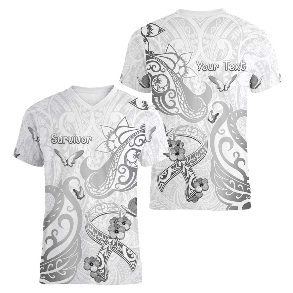 Personalised Brain Cancer Awareness Women V-Neck T-Shirt Ribbon Polynesian Pattern