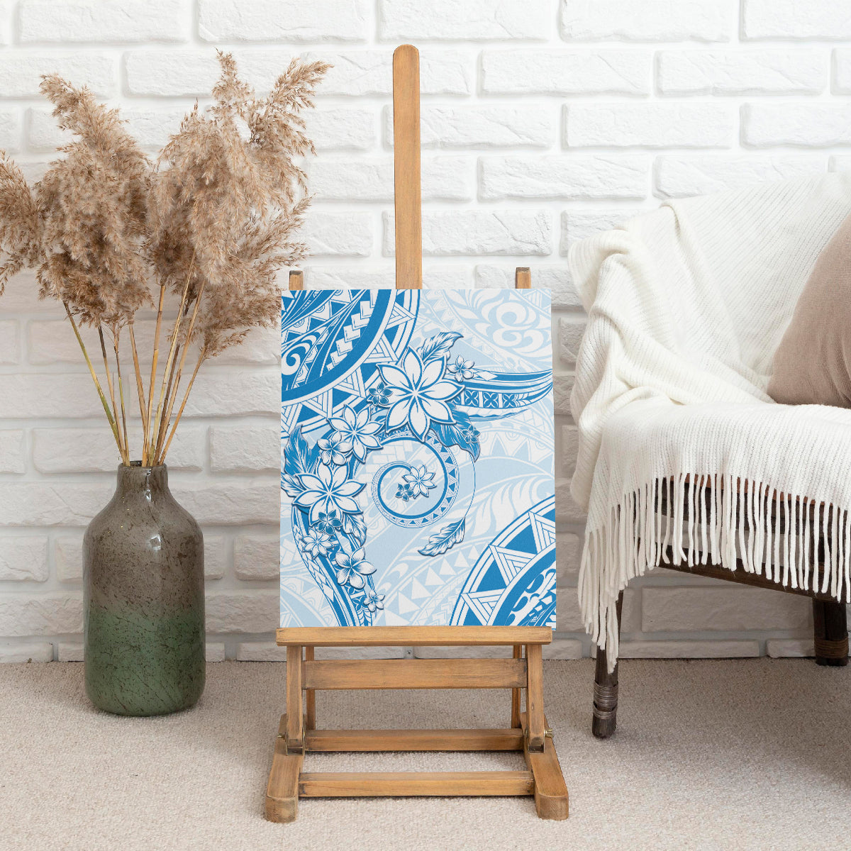 Polynesian Pattern With Plumeria Flowers Canvas Wall Art Blue