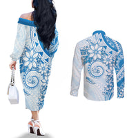 Polynesian Pattern With Plumeria Flowers Couples Matching Off The Shoulder Long Sleeve Dress and Long Sleeve Button Shirt Blue