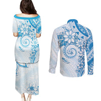 Polynesian Pattern With Plumeria Flowers Couples Matching Puletasi and Long Sleeve Button Shirt Blue