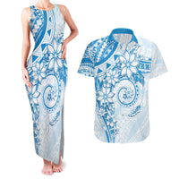 Polynesian Pattern With Plumeria Flowers Couples Matching Tank Maxi Dress and Hawaiian Shirt Blue
