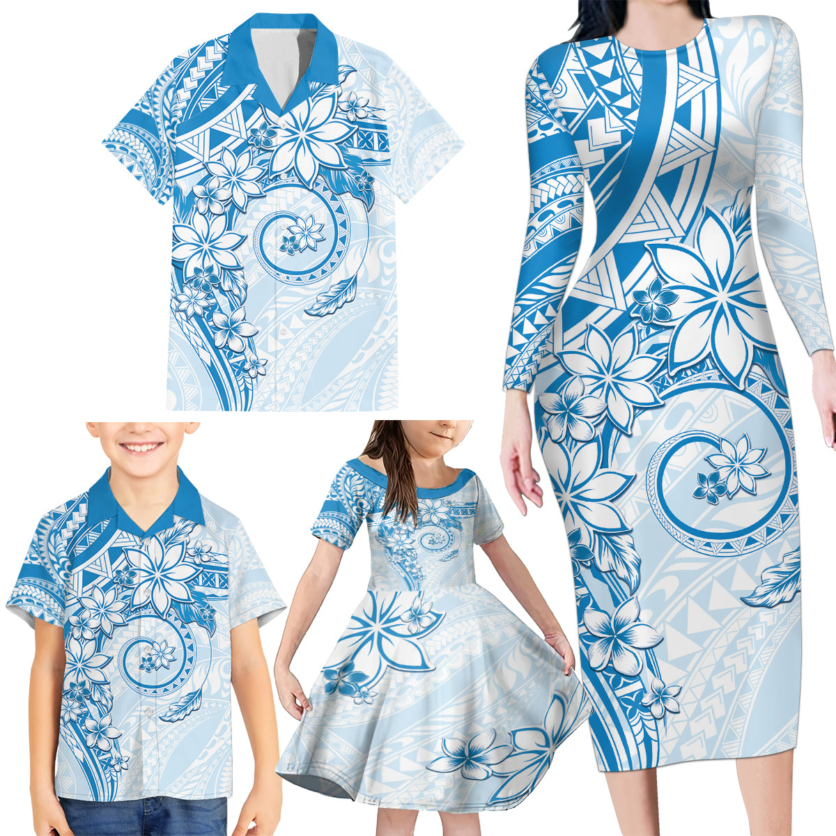 Polynesian Pattern With Plumeria Flowers Family Matching Long Sleeve Bodycon Dress and Hawaiian Shirt Blue LT05 - Polynesian Pride