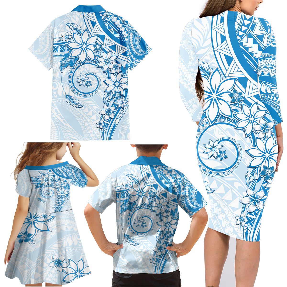 Polynesian Pattern With Plumeria Flowers Family Matching Long Sleeve Bodycon Dress and Hawaiian Shirt Blue LT05 - Polynesian Pride