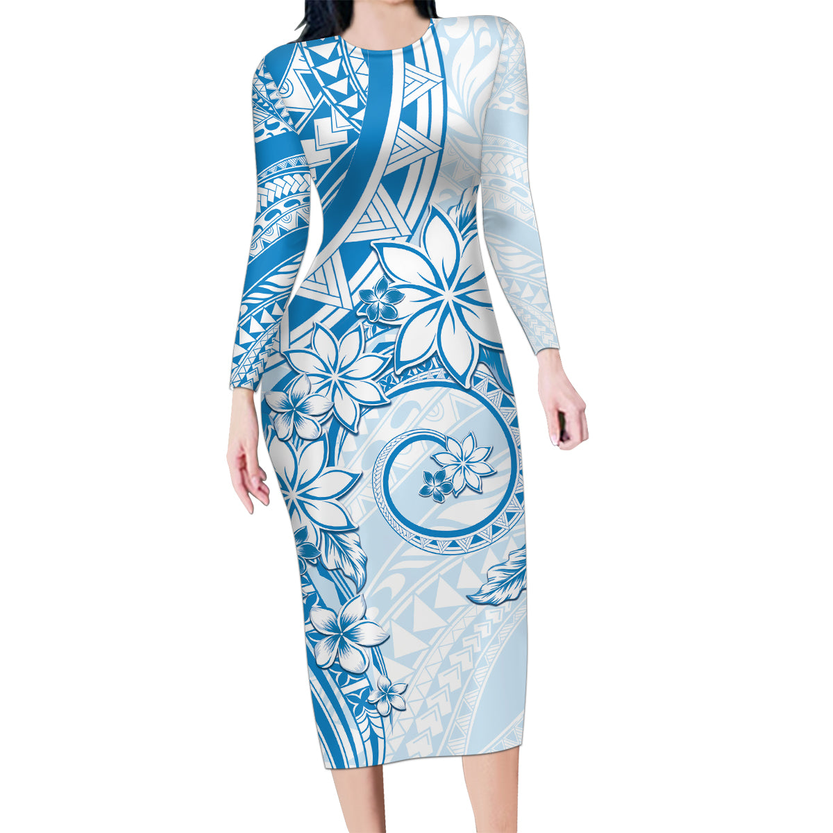 Polynesian Pattern With Plumeria Flowers Family Matching Long Sleeve Bodycon Dress and Hawaiian Shirt Blue LT05 Mom's Dress Blue - Polynesian Pride