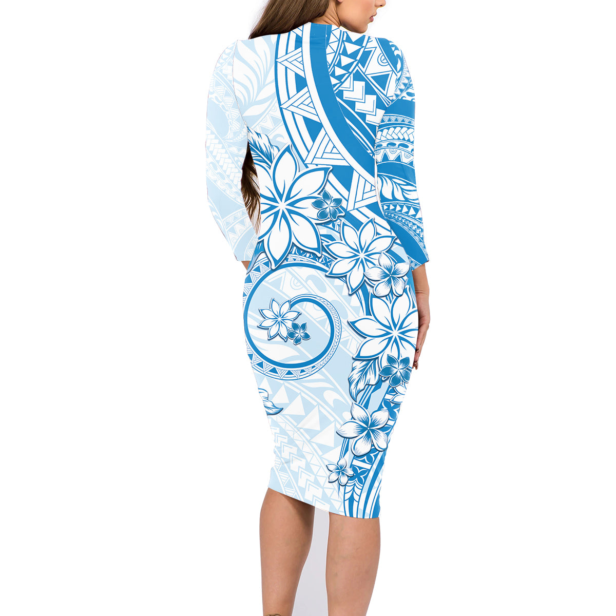 Polynesian Pattern With Plumeria Flowers Family Matching Long Sleeve Bodycon Dress and Hawaiian Shirt Blue LT05 - Polynesian Pride