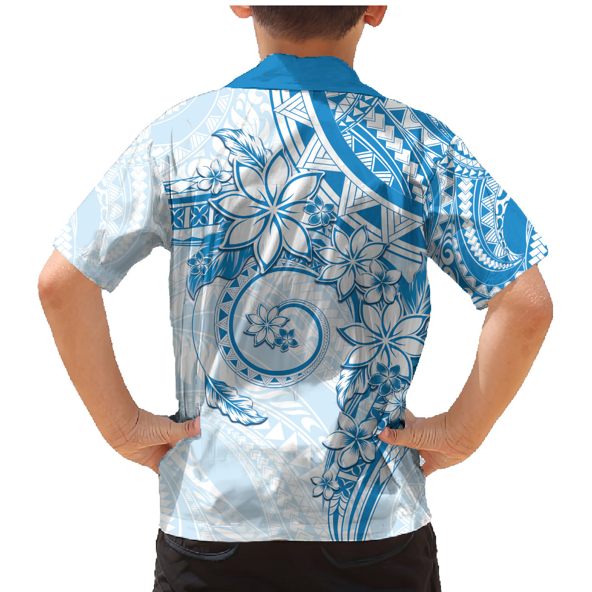 Polynesian Pattern With Plumeria Flowers Family Matching Mermaid Dress and Hawaiian Shirt Blue LT05 - Polynesian Pride