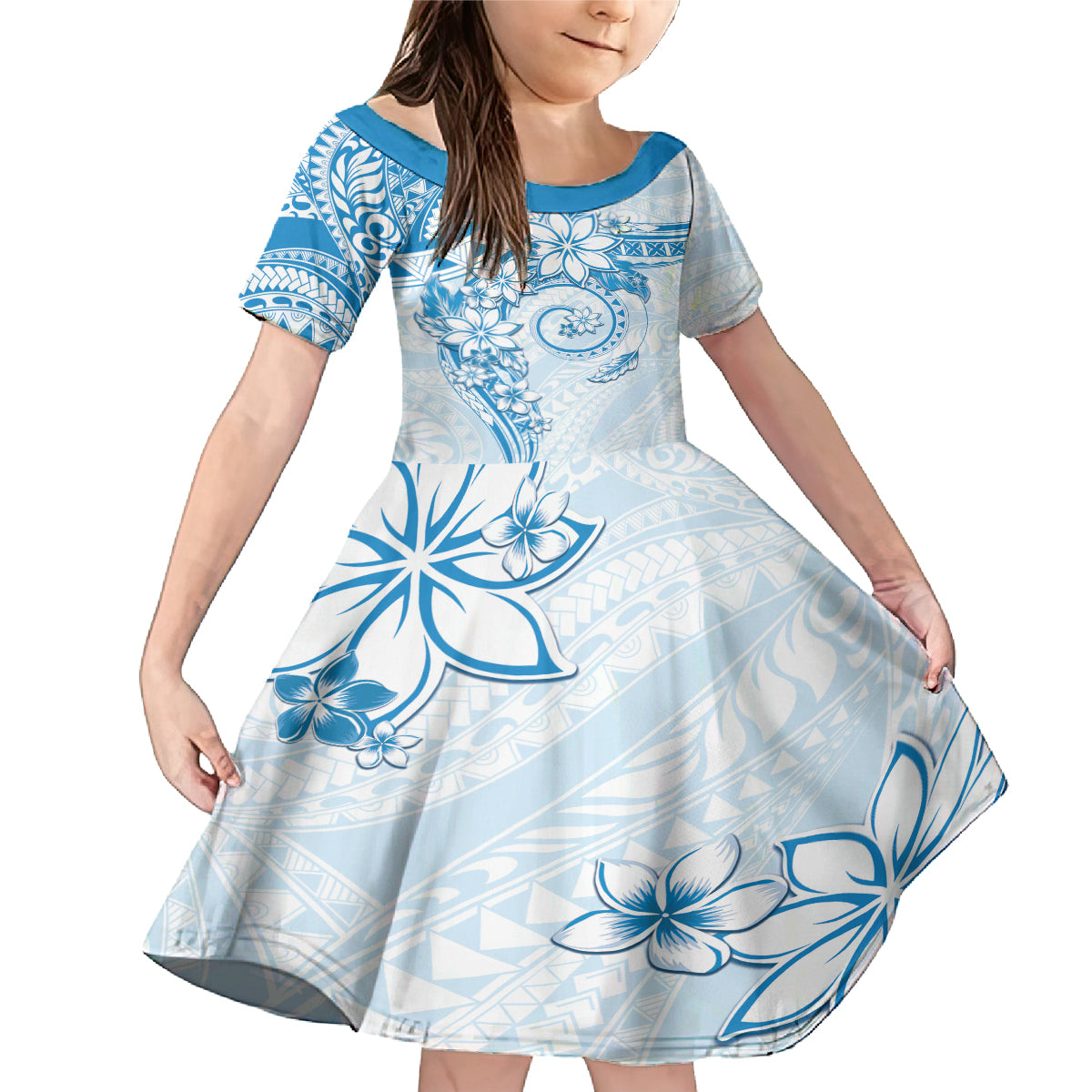 Polynesian Pattern With Plumeria Flowers Family Matching Mermaid Dress and Hawaiian Shirt Blue LT05 Daughter's Dress Blue - Polynesian Pride