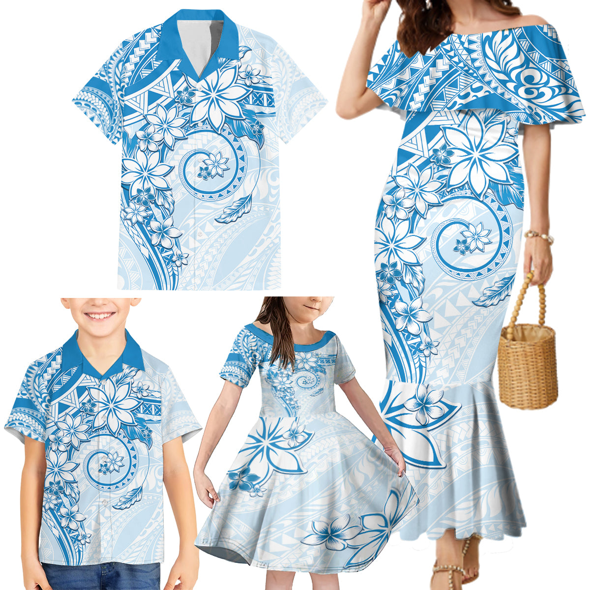 Polynesian Pattern With Plumeria Flowers Family Matching Mermaid Dress and Hawaiian Shirt Blue LT05 - Polynesian Pride