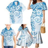 Polynesian Pattern With Plumeria Flowers Family Matching Mermaid Dress and Hawaiian Shirt Blue LT05 - Polynesian Pride