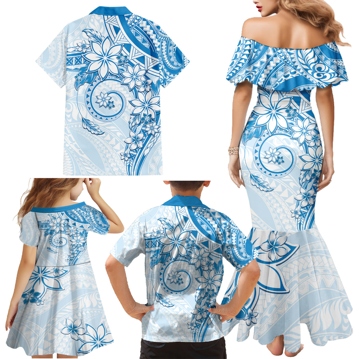 Polynesian Pattern With Plumeria Flowers Family Matching Mermaid Dress and Hawaiian Shirt Blue LT05 - Polynesian Pride