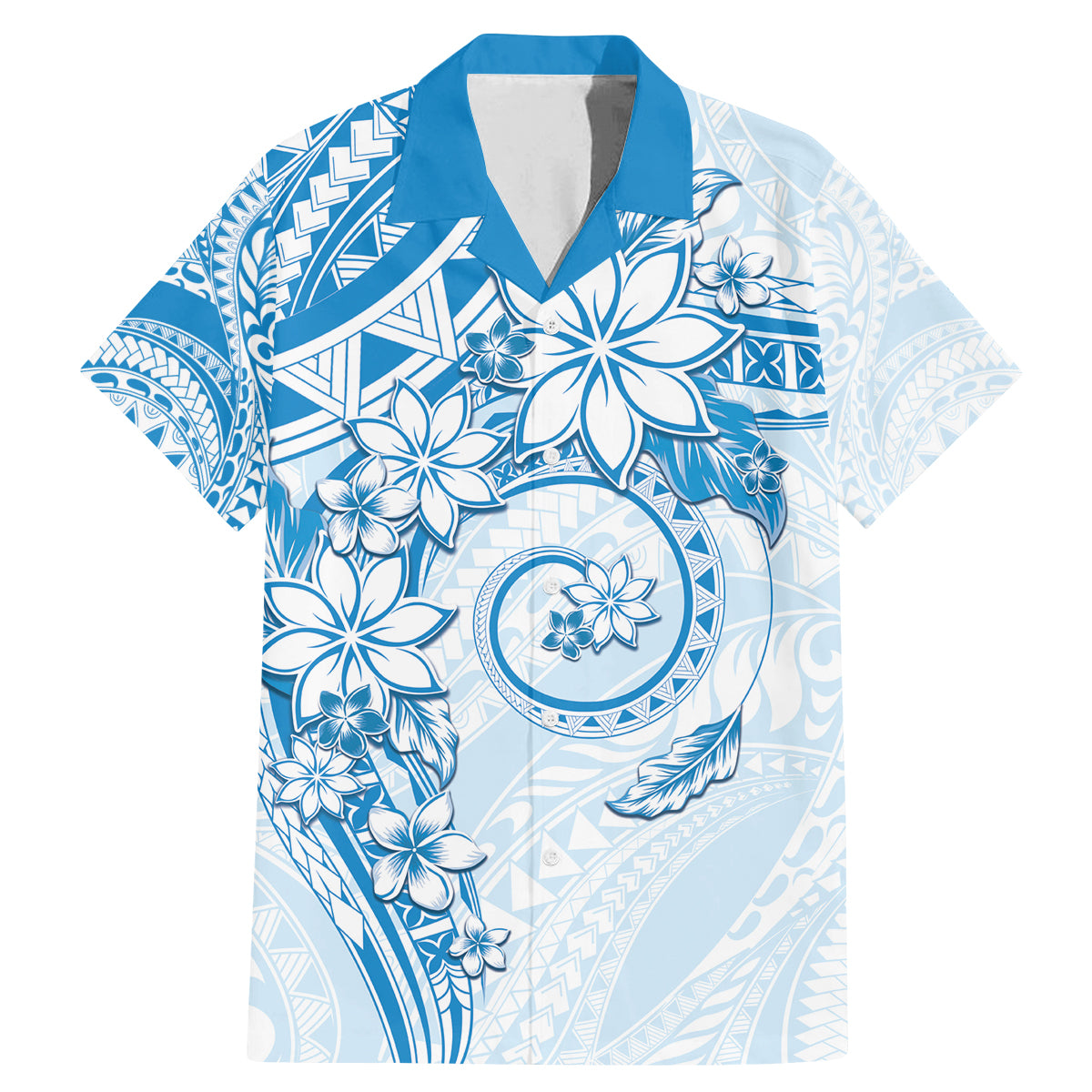 Polynesian Pattern With Plumeria Flowers Family Matching Mermaid Dress and Hawaiian Shirt Blue LT05 Dad's Shirt - Short Sleeve Blue - Polynesian Pride