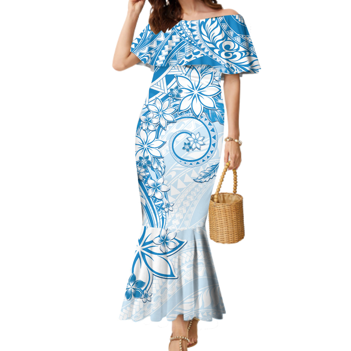 Polynesian Pattern With Plumeria Flowers Family Matching Mermaid Dress and Hawaiian Shirt Blue LT05 Mom's Dress Blue - Polynesian Pride