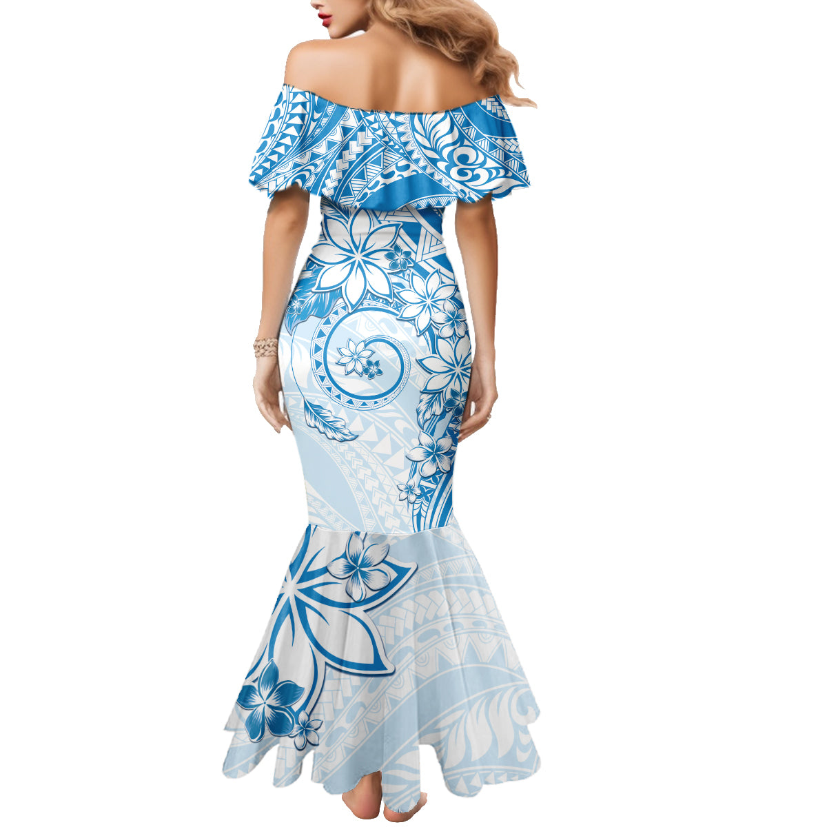 Polynesian Pattern With Plumeria Flowers Family Matching Mermaid Dress and Hawaiian Shirt Blue LT05 - Polynesian Pride