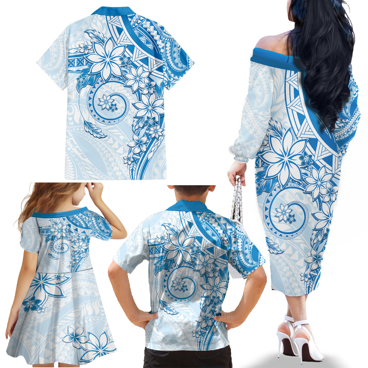 Polynesian Pattern With Plumeria Flowers Family Matching Off The Shoulder Long Sleeve Dress and Hawaiian Shirt Blue LT05 - Polynesian Pride