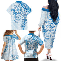 Polynesian Pattern With Plumeria Flowers Family Matching Off The Shoulder Long Sleeve Dress and Hawaiian Shirt Blue LT05 - Polynesian Pride