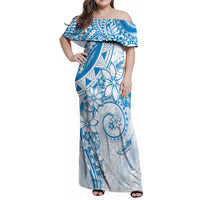 Polynesian Pattern With Plumeria Flowers Family Matching Off Shoulder Maxi Dress and Hawaiian Shirt Blue LT05 Mom's Dress Blue - Polynesian Pride