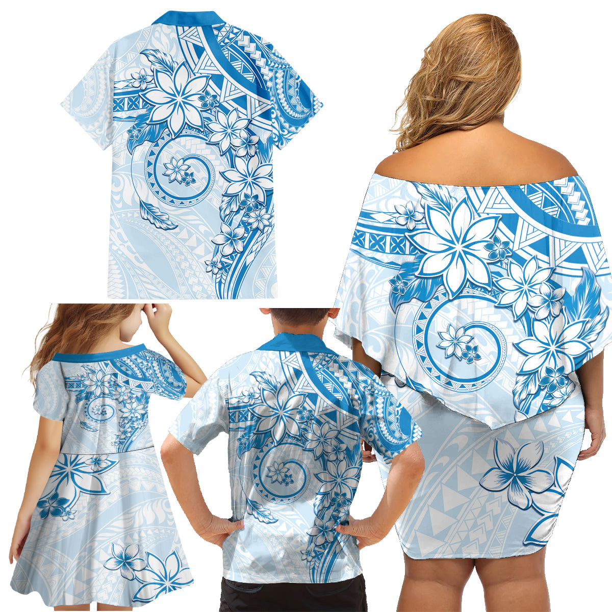 Polynesian Pattern With Plumeria Flowers Family Matching Off Shoulder Short Dress and Hawaiian Shirt Blue LT05 - Polynesian Pride