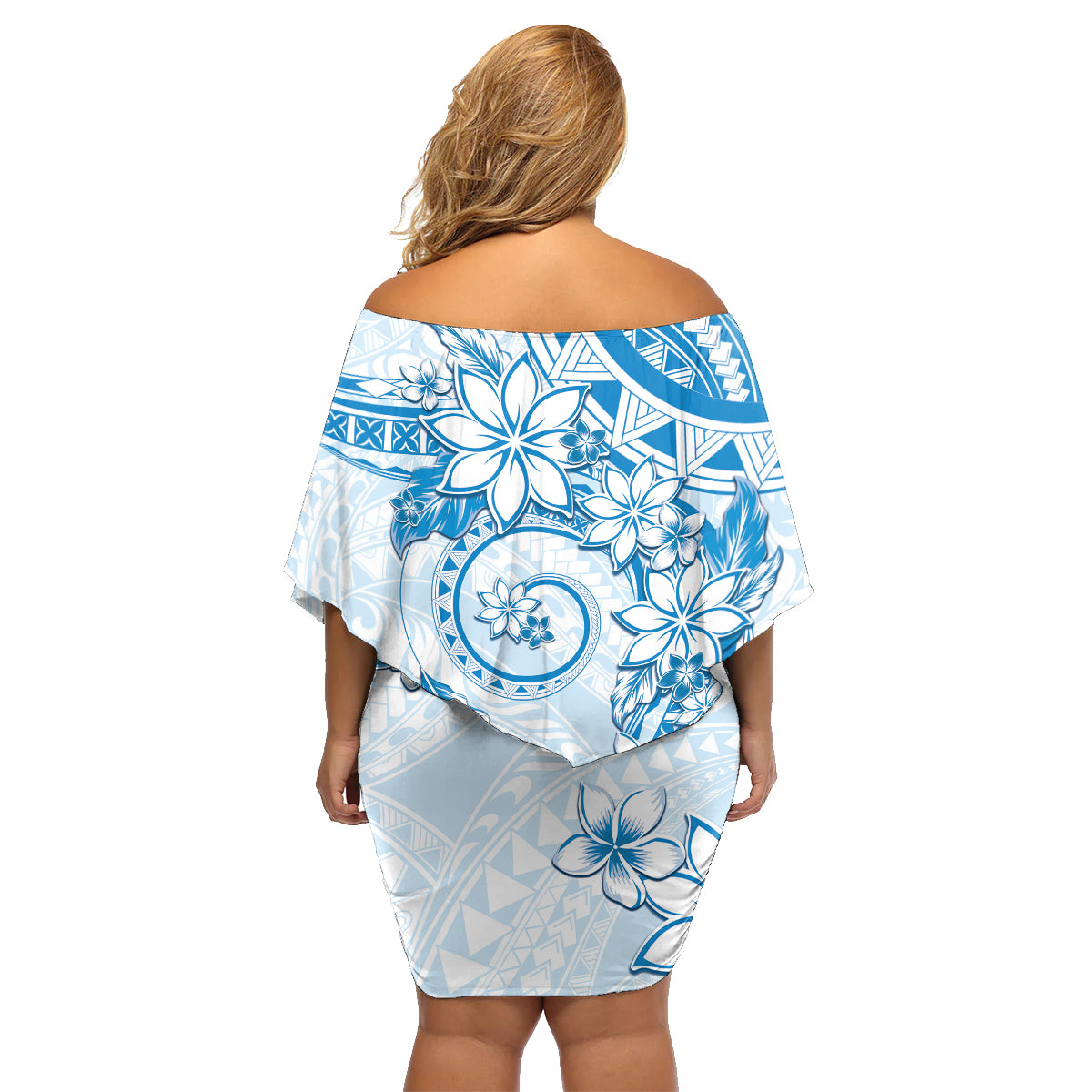 Polynesian Pattern With Plumeria Flowers Family Matching Off Shoulder Short Dress and Hawaiian Shirt Blue LT05 - Polynesian Pride