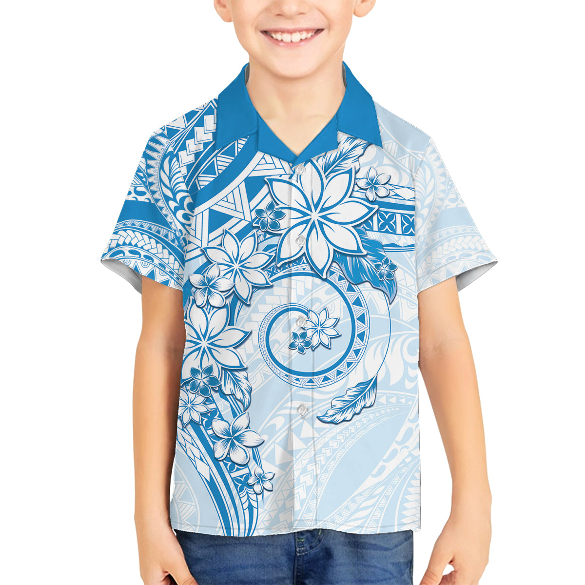 Polynesian Pattern With Plumeria Flowers Family Matching Off Shoulder Short Dress and Hawaiian Shirt Blue LT05 Son's Shirt Blue - Polynesian Pride