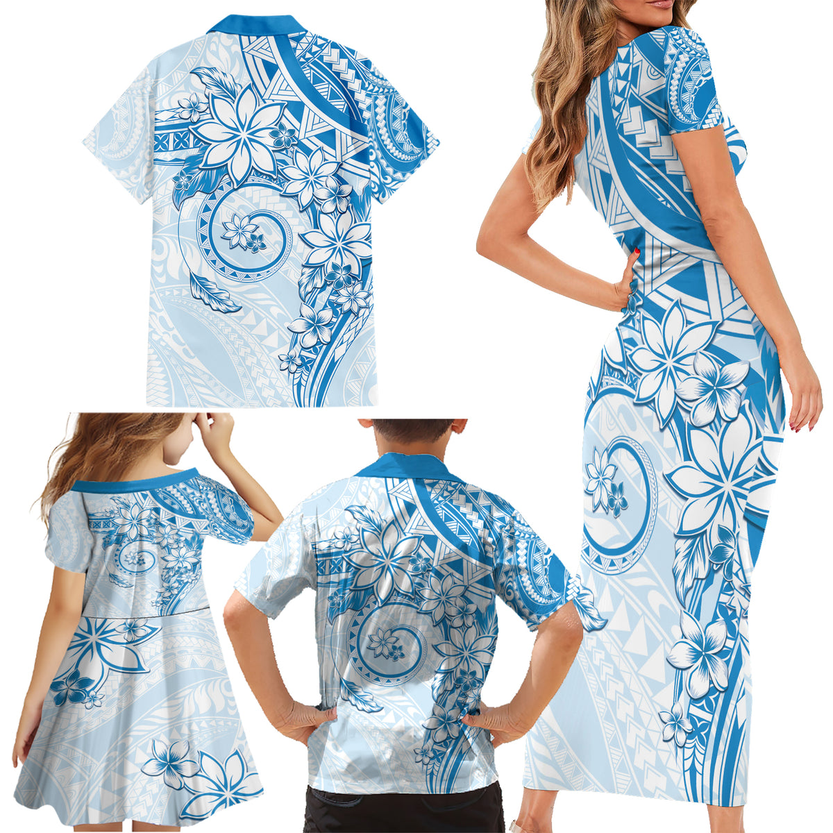 Polynesian Pattern With Plumeria Flowers Family Matching Short Sleeve Bodycon Dress and Hawaiian Shirt Blue LT05 - Polynesian Pride