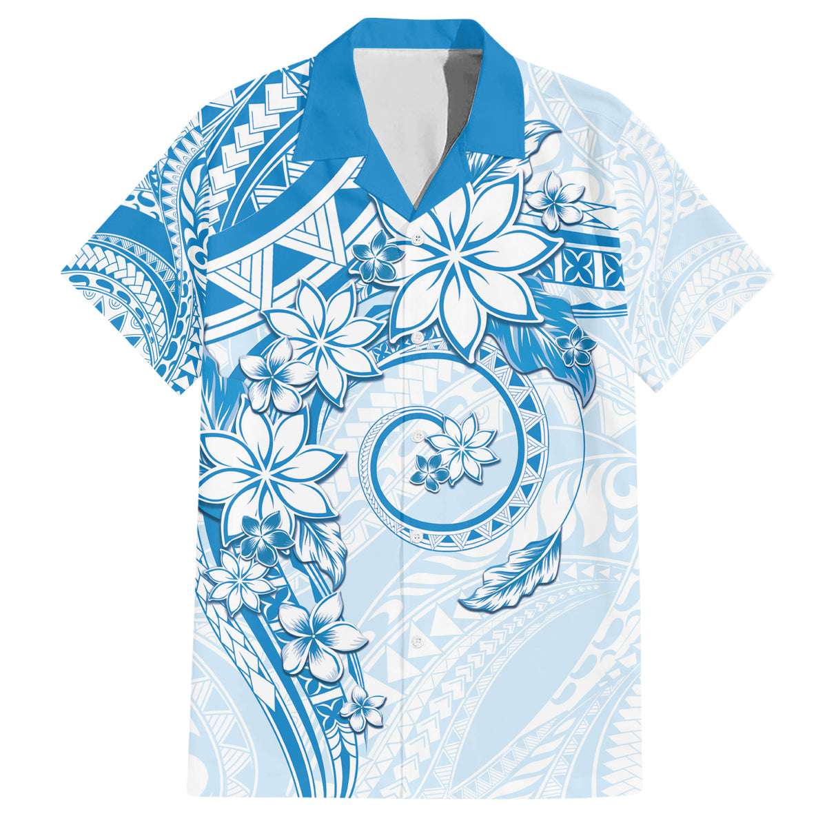 Polynesian Pattern With Plumeria Flowers Family Matching Short Sleeve Bodycon Dress and Hawaiian Shirt Blue LT05 Dad's Shirt - Short Sleeve Blue - Polynesian Pride