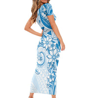 Polynesian Pattern With Plumeria Flowers Family Matching Short Sleeve Bodycon Dress and Hawaiian Shirt Blue LT05 - Polynesian Pride