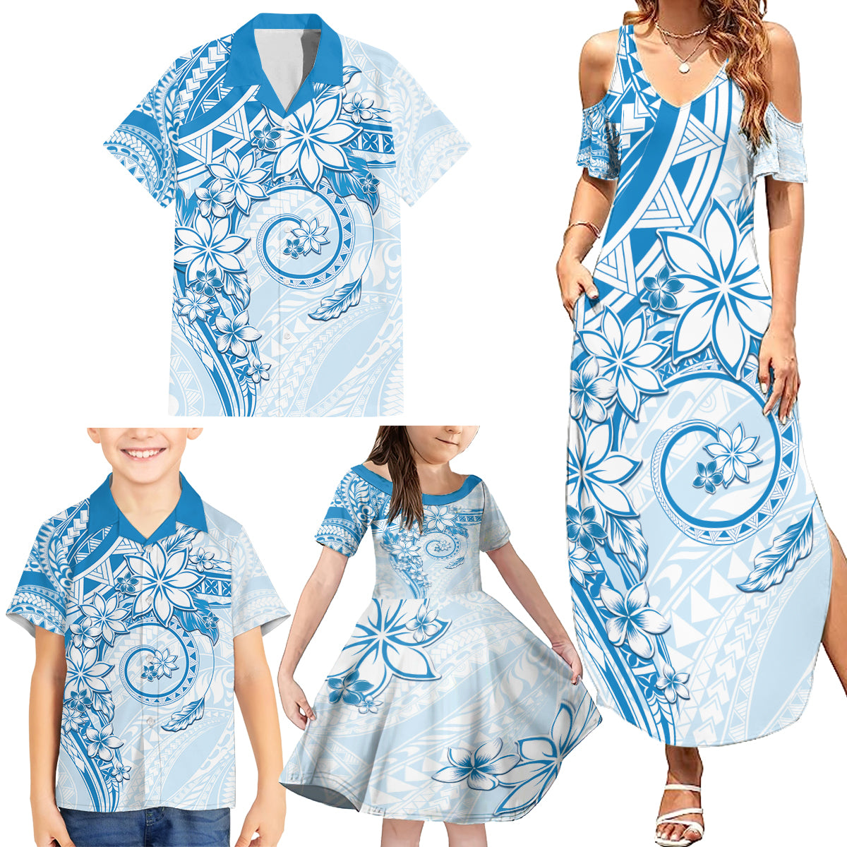 Polynesian Pattern With Plumeria Flowers Family Matching Summer Maxi Dress and Hawaiian Shirt Blue LT05 - Polynesian Pride