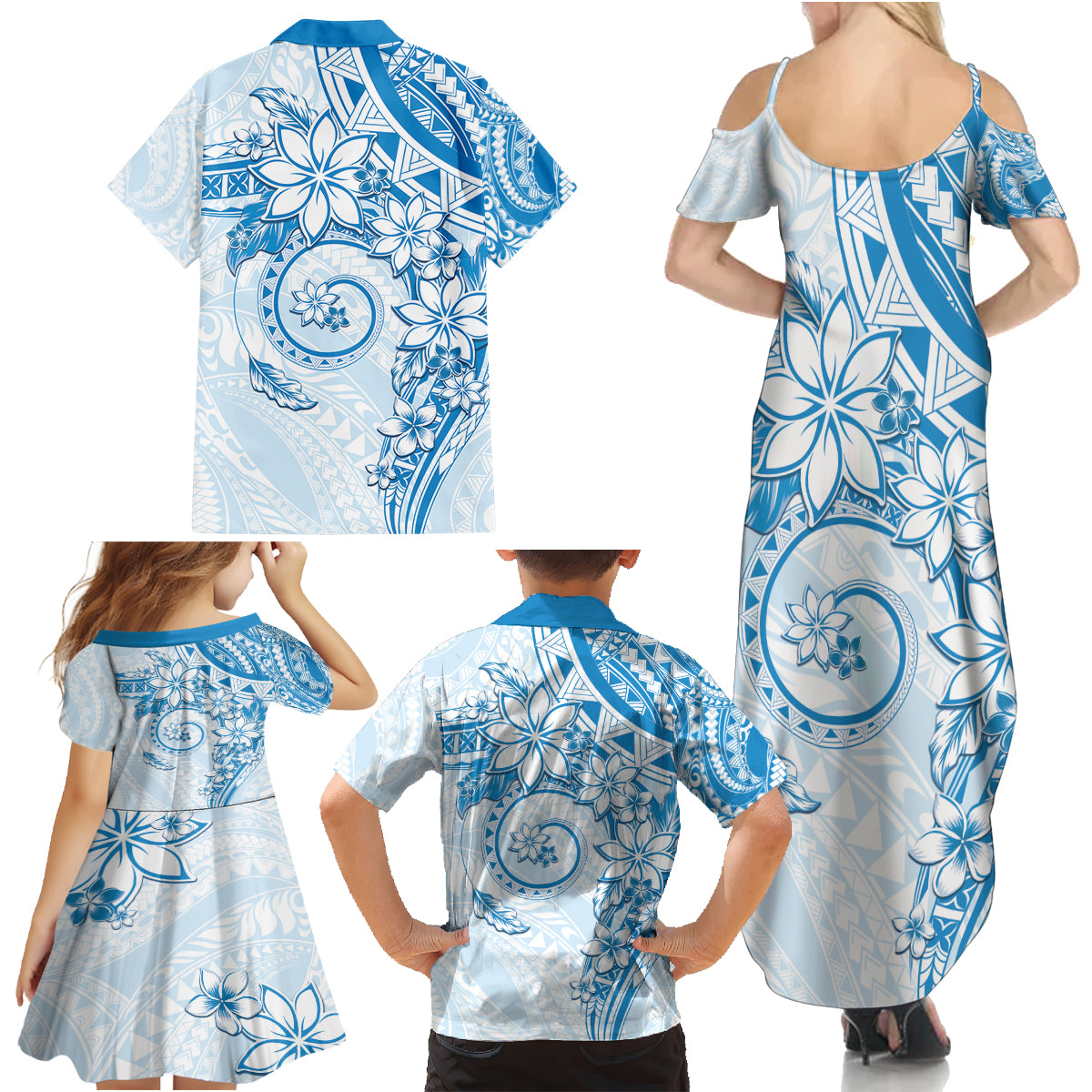 Polynesian Pattern With Plumeria Flowers Family Matching Summer Maxi Dress and Hawaiian Shirt Blue LT05 - Polynesian Pride