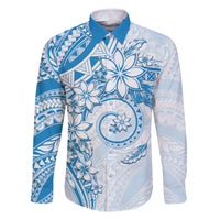 Polynesian Pattern With Plumeria Flowers Family Matching Summer Maxi Dress and Hawaiian Shirt Blue LT05 Dad's Shirt - Long Sleeve Blue - Polynesian Pride