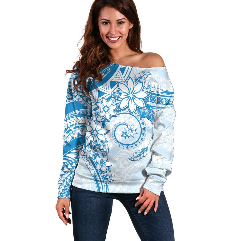 Polynesian Pattern With Plumeria Flowers Off Shoulder Sweater Blue LT05 Women Blue - Polynesian Pride