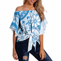 Polynesian Pattern With Plumeria Flowers Off Shoulder Wrap Waist Top Blue LT05 - Polynesian Pride