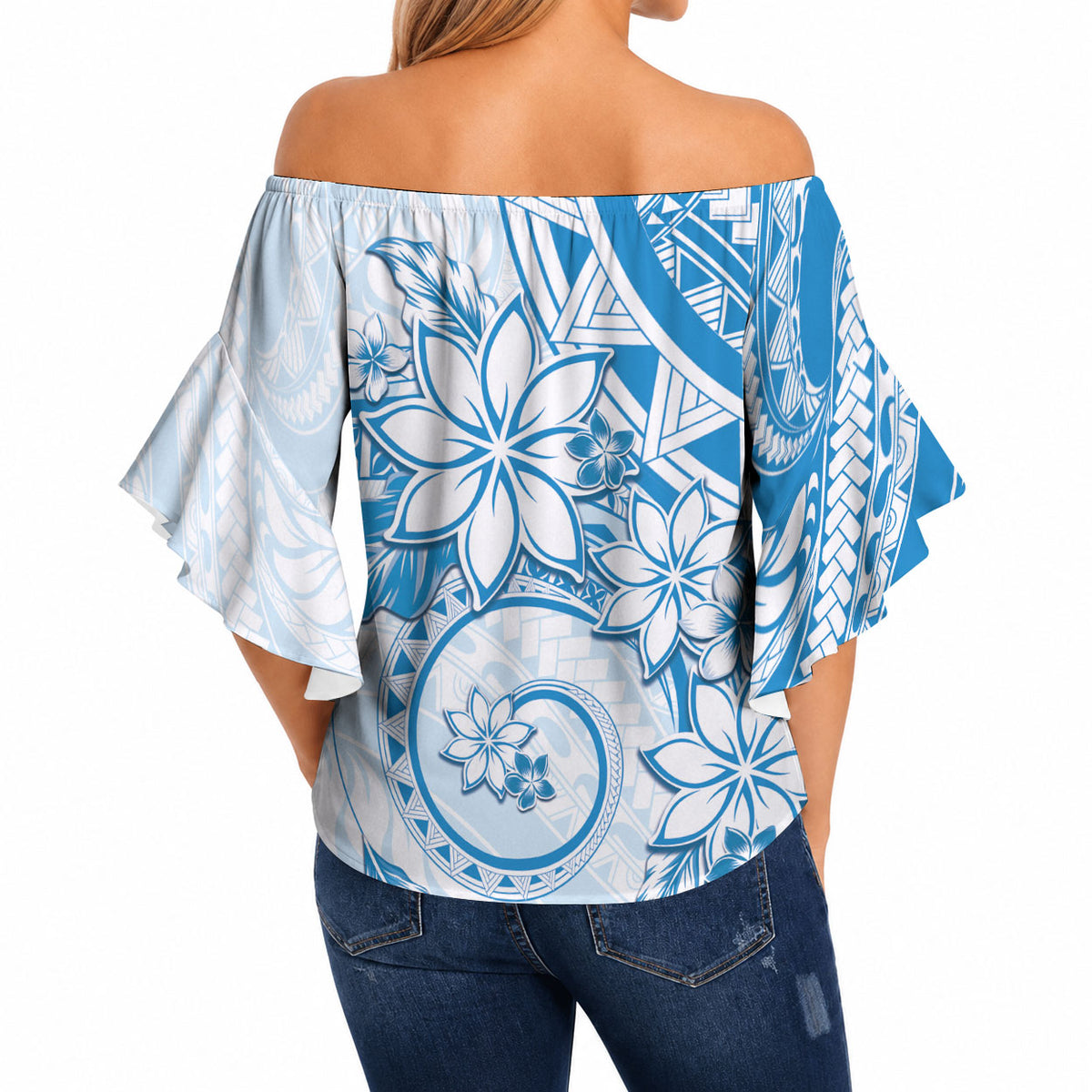 Polynesian Pattern With Plumeria Flowers Off Shoulder Wrap Waist Top Blue LT05 - Polynesian Pride
