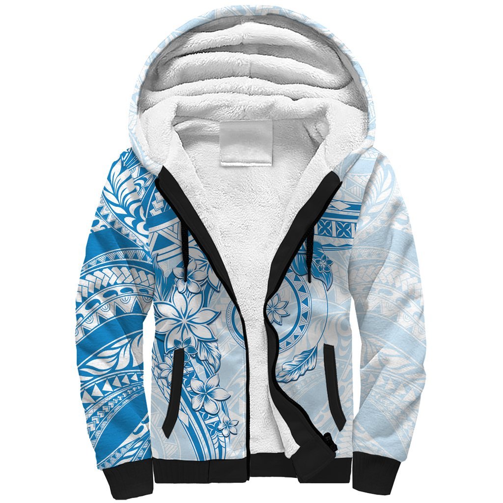 Polynesian Pattern With Plumeria Flowers Sherpa Hoodie Blue LT05 Unisex Blue - Polynesian Pride