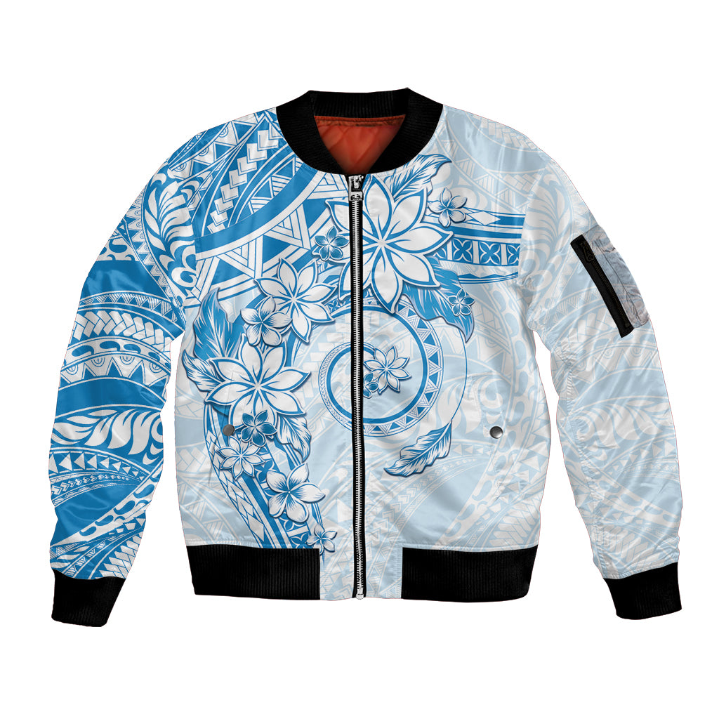 Polynesian Pattern With Plumeria Flowers Sleeve Zip Bomber Jacket Blue LT05 Unisex Blue - Polynesian Pride