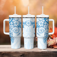 Blue Polynesian Pattern With Plumeria Flowers Tumbler With Handle