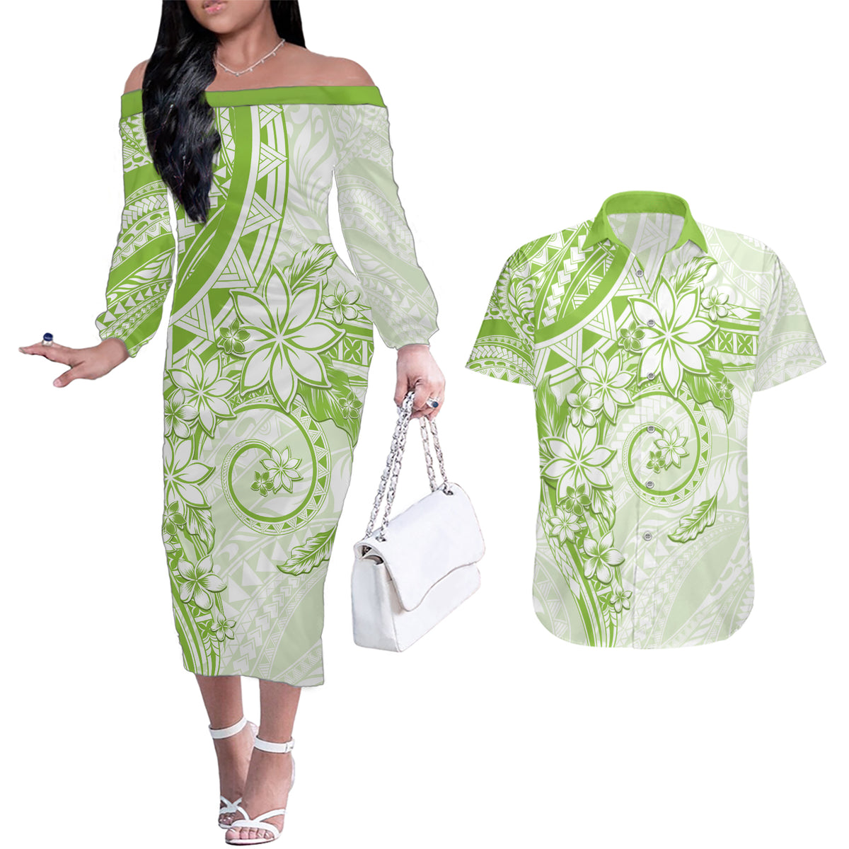 Polynesian Pattern With Plumeria Flowers Couples Matching Off The Shoulder Long Sleeve Dress and Hawaiian Shirt Lime Green LT05 Lime Green - Polynesian Pride