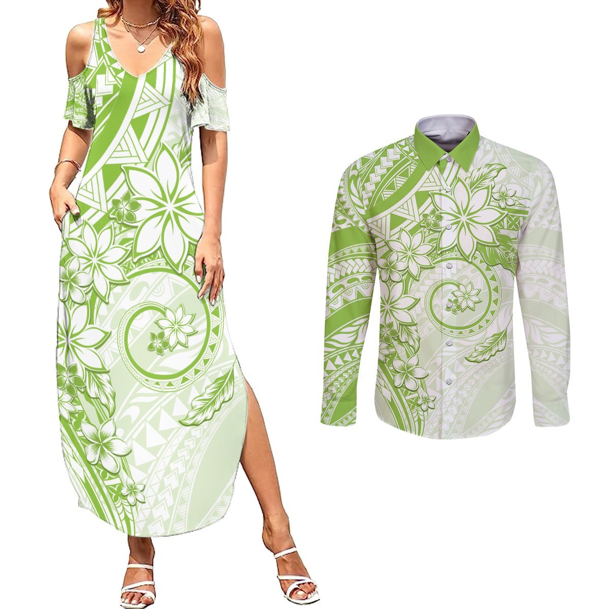 Polynesian Pattern With Plumeria Flowers Couples Matching Summer Maxi Dress and Long Sleeve Button Shirt Lime Green LT05 Lime Green - Polynesian Pride