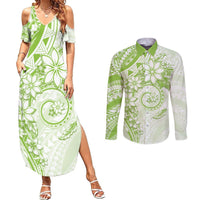 Polynesian Pattern With Plumeria Flowers Couples Matching Summer Maxi Dress and Long Sleeve Button Shirt Lime Green LT05 Lime Green - Polynesian Pride