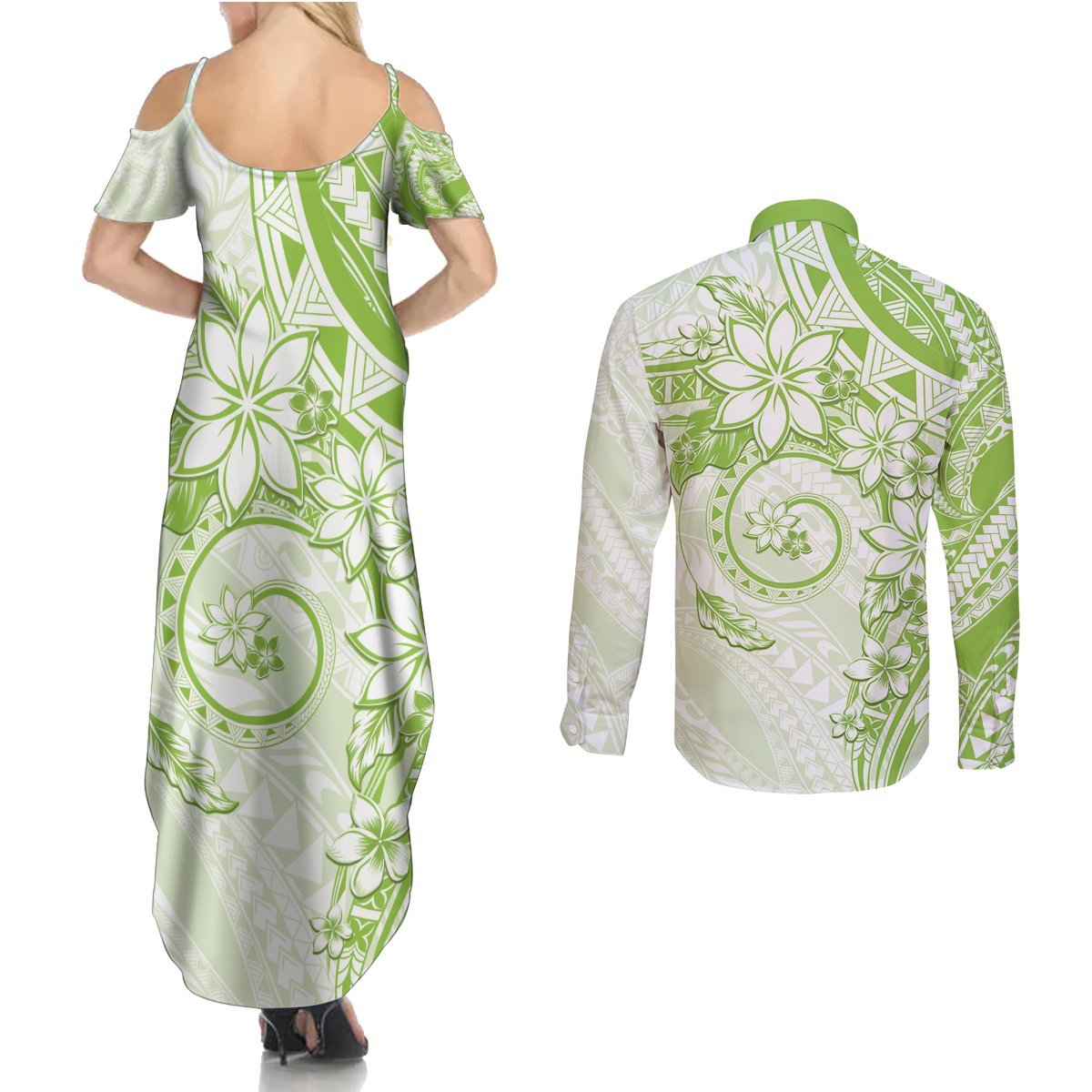 Polynesian Pattern With Plumeria Flowers Couples Matching Summer Maxi Dress and Long Sleeve Button Shirt Lime Green LT05 - Polynesian Pride