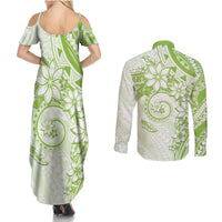 Polynesian Pattern With Plumeria Flowers Couples Matching Summer Maxi Dress and Long Sleeve Button Shirt Lime Green LT05 - Polynesian Pride