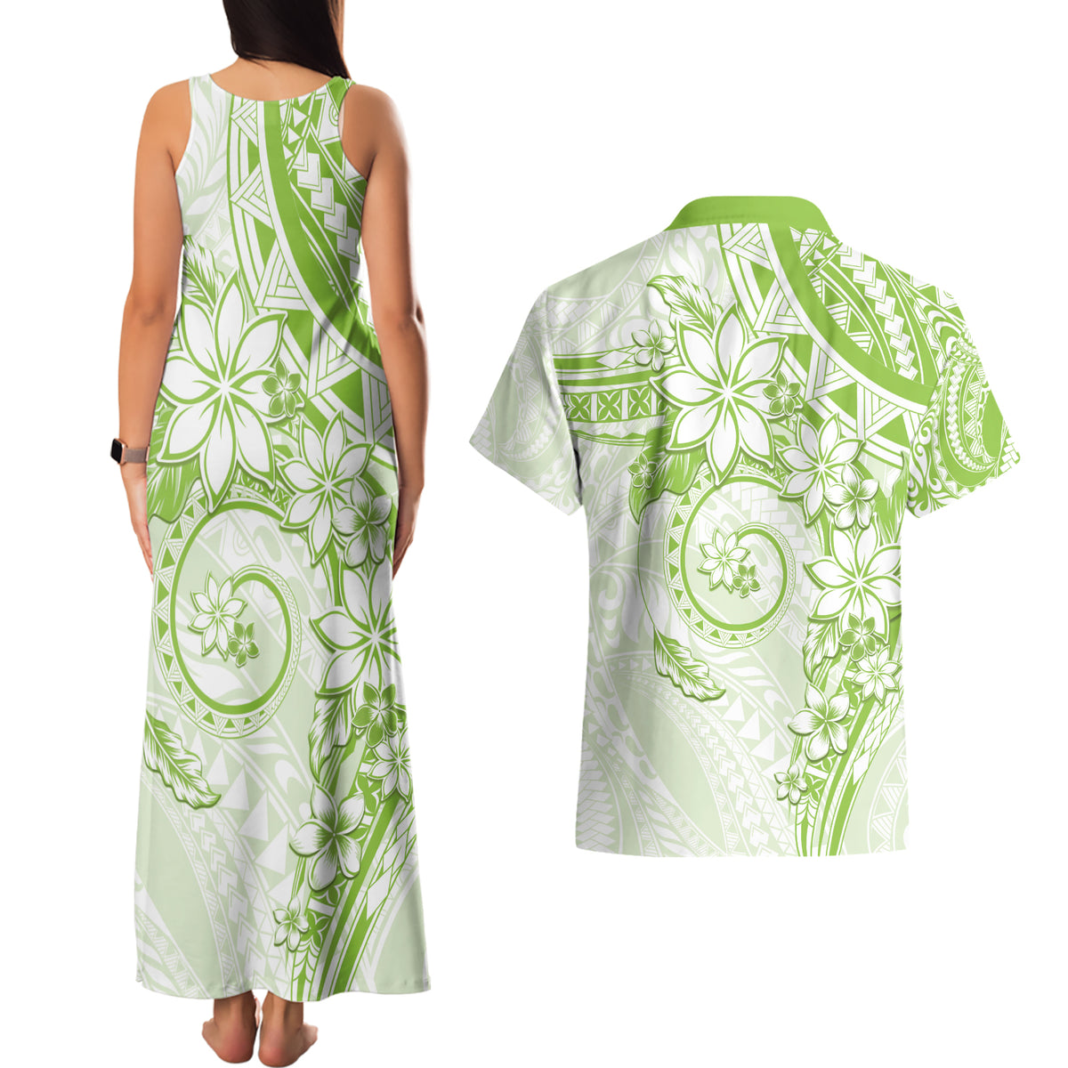 Polynesian Pattern With Plumeria Flowers Couples Matching Tank Maxi Dress and Hawaiian Shirt Lime Green