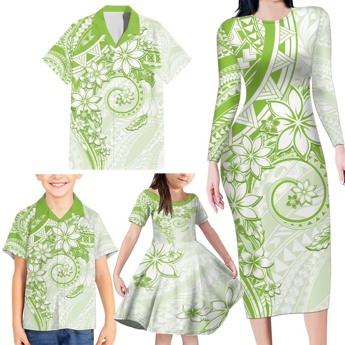 Polynesian Pattern With Plumeria Flowers Family Matching Long Sleeve Bodycon Dress and Hawaiian Shirt Lime Green LT05 - Polynesian Pride
