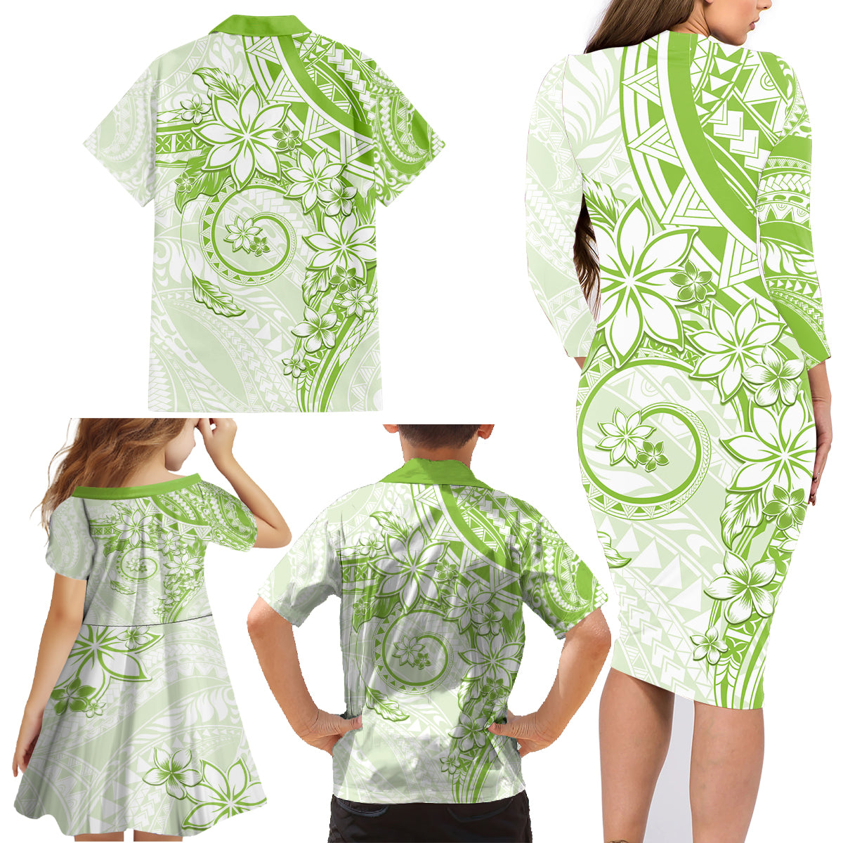 Polynesian Pattern With Plumeria Flowers Family Matching Long Sleeve Bodycon Dress and Hawaiian Shirt Lime Green LT05 - Polynesian Pride