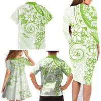 Polynesian Pattern With Plumeria Flowers Family Matching Long Sleeve Bodycon Dress and Hawaiian Shirt Lime Green LT05 - Polynesian Pride