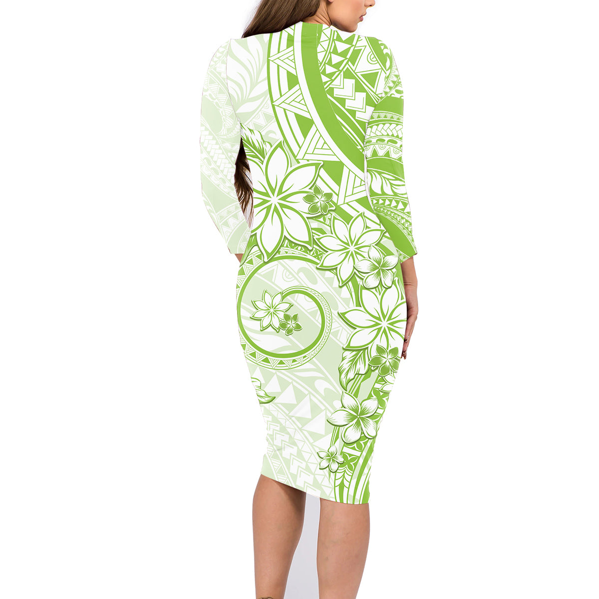 Polynesian Pattern With Plumeria Flowers Family Matching Long Sleeve Bodycon Dress and Hawaiian Shirt Lime Green LT05 - Polynesian Pride