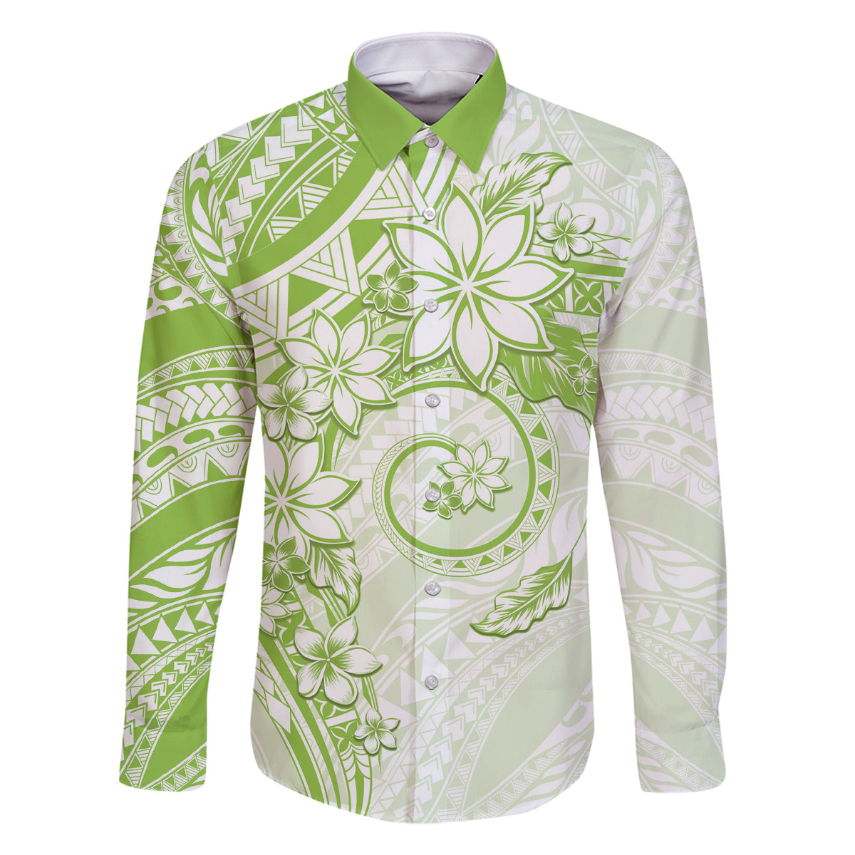 Polynesian Pattern With Plumeria Flowers Family Matching Mermaid Dress and Hawaiian Shirt Lime Green LT05 Dad's Shirt - Long Sleeve Lime Green - Polynesian Pride