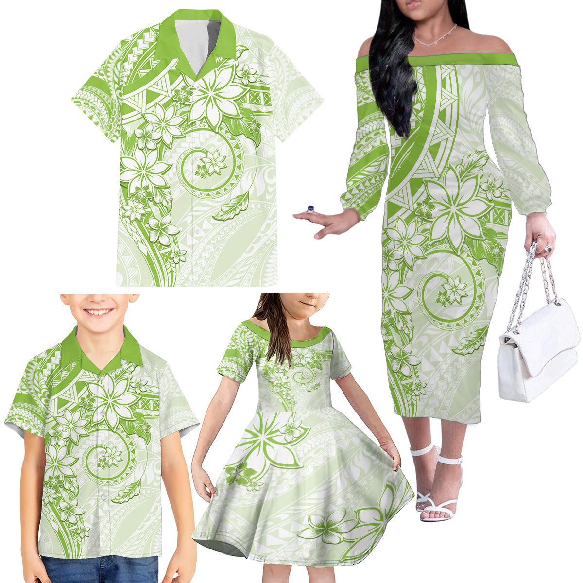 Polynesian Pattern With Plumeria Flowers Family Matching Off The Shoulder Long Sleeve Dress and Hawaiian Shirt Lime Green LT05 - Polynesian Pride